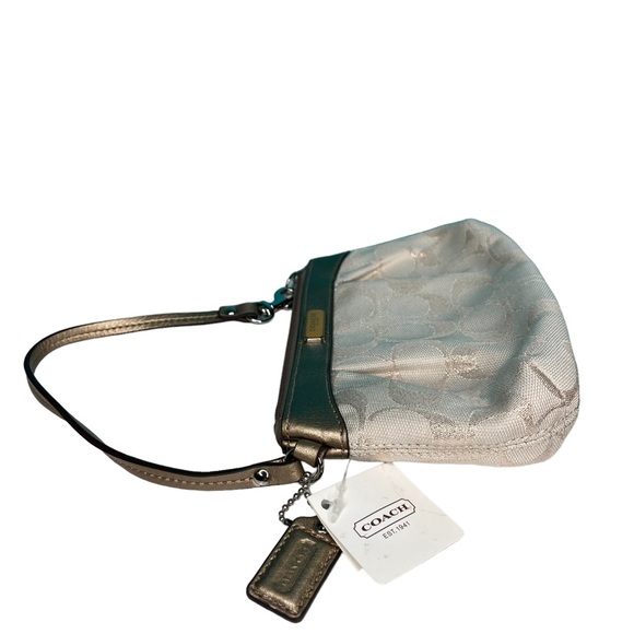 Coach Metallic Gold/Khaki Signature Pleated Wristlet Handbag New - Picture 6 of 10